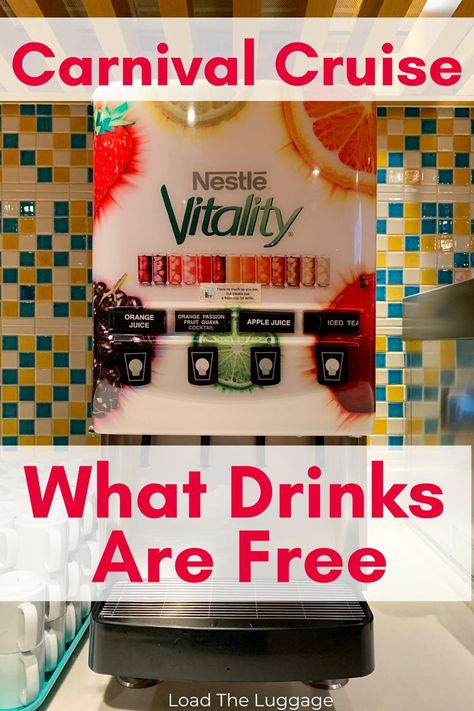 Carnival Cruise - What drinks are free.  The image is the juice dispenser onboard a Carnival Cruise ship Carnival Cruise Drinks, Carnival Conquest Cruise, Carnival Valor Cruise, Carnival Miracle, Beverage Stations, Carnival Cruise Tips, Carnival Valor, Carnival Conquest, Carnival Horizon