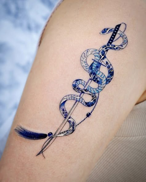 Snake Tattoos For Women, Snake And Dagger Tattoo, Blue Ink Tattoos, Water Lily Tattoos, Slayer Tattoo, Serpent Tattoo, Knife Tattoo, Snake Tattoos, Full Arm Tattoos