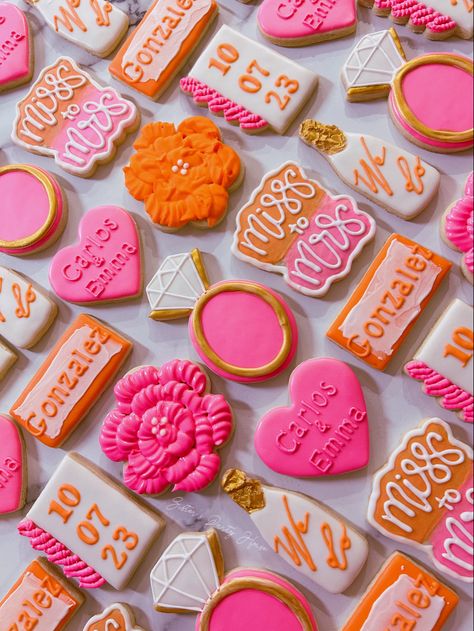 Bachelorette Dessert Table, Hot Pink Bridal Shower Cookies, Pink And Orange Bachelorette Party Theme, Pink And Orange Engagement Party, Pink And Orange Bridal Shower Cookies, Bridal Shower Orange And Pink, Hot Pink And Orange Bridal Shower Ideas, Colorful Bridal Shower Theme, Orange Bachelorette Theme