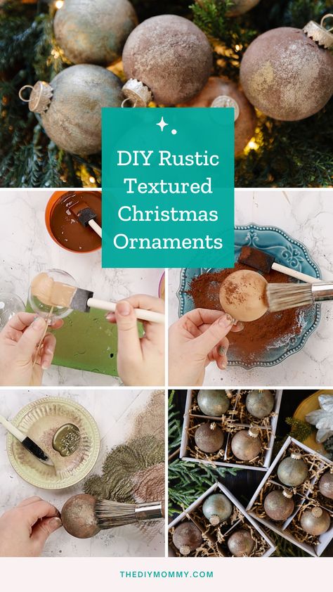 Textured Ornaments Diy, Rustic Ornaments Diy, Christmas Ornaments Homemade Rustic, Diy Rustic Christmas Ornaments, Diy Christmas Ornaments Rustic, Christmas Ball Ornaments Diy, Diy Xmas Ornaments, Vintage Christmas Balls, Diy Christmas Ball