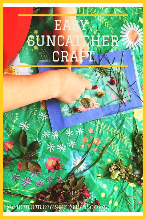 Take your kids on a nature scavenger hunt and then use what they find to make a simple and fun suncatcher ! Nature Sun Catcher, Sun Catcher Craft, Nature Scavenger Hunt, Toddlers Activities, Environment Projects, Nature Collage, Suncatcher Craft, Outdoor Environment, Nature Walk