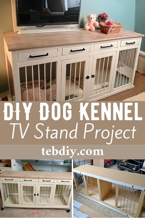 DIY Dog Kennel TV Stand Project For Larger Size Dogs Diy Dog Cage Tv Stand, Diy Double Dog Crate Furniture, Diy Dog Crate Tv Stand, Dog Creates Furniture Diy, Diy Dog Crate Furniture How To Build, Dog Kennel Furniture Diy How To Build, Diy Dog Kennel Indoor How To Build, Dog Cage Furniture Diy, Homemade Dog Kennel