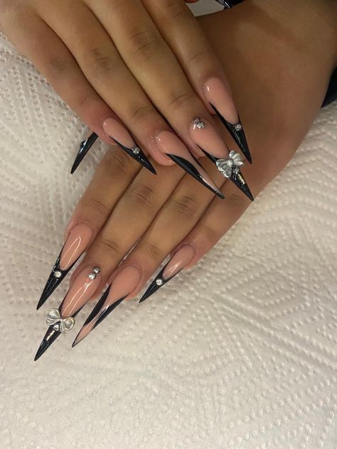 Black French Stiletto Nails, French Stiletto Nails, French Stiletto, Black Stiletto Nails, Black French, Black Stilettos, Stiletto Nails, French Nails, Long Nails