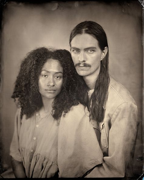 Megan Karson Tintype Photos Couple, Tintype Photography, Tintype Portrait, Wooden Camera, Tintype Photos, Antique Photography, Victorian Photos, Engagement Announcement, Studio Lighting