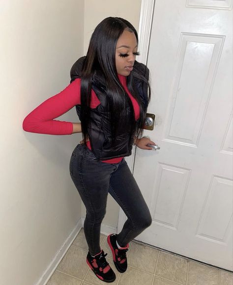 Black And Red Jordans Outfit For Women, Jordan 4 Outfit Women Black, Jordans 4 Outfit Women, Jordan 4 Red Thunder Outfit, Bred 11s Outfit Women, Bred 11s Outfit, Red Jordans Outfit For Women, Red Thunder 4s Outfit, Winter Drip