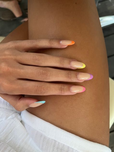 Multicoloured French Tips, Multi Colour French Tip Nails, Holiday Nail Inspo Summer Short, Different Colour French Tips, Multicoloured French Tip Nails, Colour French Tips Nails Acrylic, Nails Different Colors Each Finger, Colourful French Tip Nails, Colourful French Tips