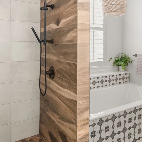 75 Wood-Look Tile Bathroom Ideas You'll Love - January, 2024 | Houzz Wood Tile Shower Wall, Wood Look Bathroom, Wood Look Tile Bathroom, Wood Tile Shower, Onyx Countertops, Tile Bathroom Ideas, Drop In Bathtub, Tiles For Bathroom, Wallpaper Ceiling