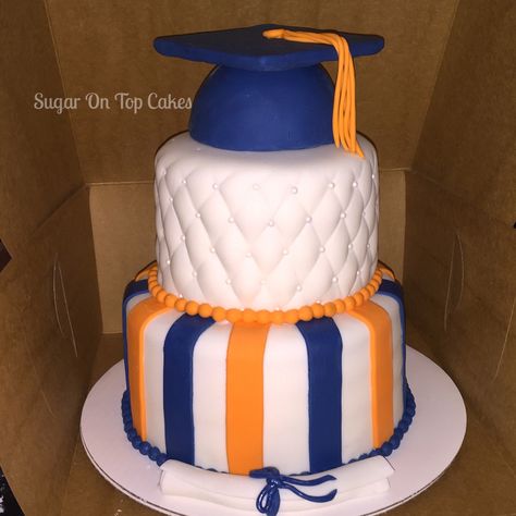 Orange and blue graduation cake!  Facebook.com/sugarontopcakes Sugarontopcakesandsweets.com Orange And Blue Graduation Cake, Graduation Party Ideas Blue And Orange, Blue And Orange Graduation Party Ideas, Orange Graduation Cake, College Graduation Cakes, Blue Graduation Party, Graduation Party High, Graduation Party Foods, Graduation Party Diy