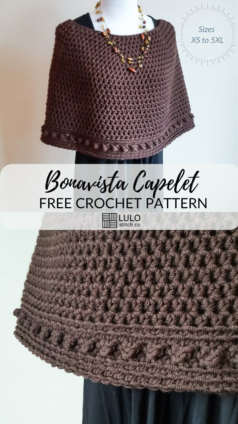 "BONAVISTA" CHUNKY CROCHET CAPELET - Free Pattern ⋆ lulostitchco.com Bolero Haken, Crochet Capelet Pattern, Crochet Caplet, Crochet Cape Pattern, Crochet Capelet, Crochet Cape, Crochet Poncho Free Pattern, Crochet Shrug Pattern, Crochet Shawl Pattern Free