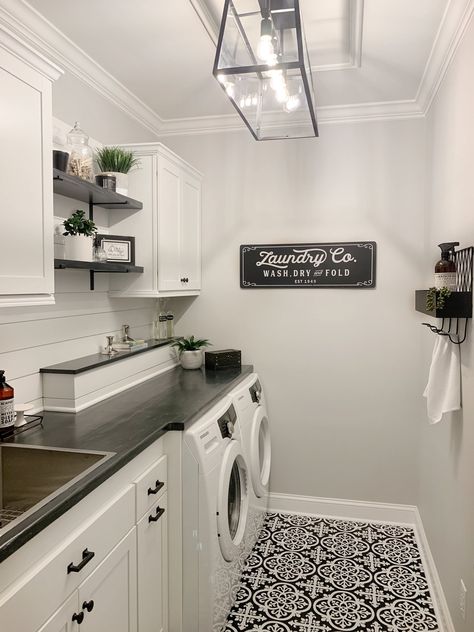 Laundry Room Table Over Washer, Laundry Room Makeover Diy, Laundry Room Flooring, Diy Shiplap, Laundry Tubs, Laundry Decor, Laundry Closet, Better Late Than Never, Small Laundry