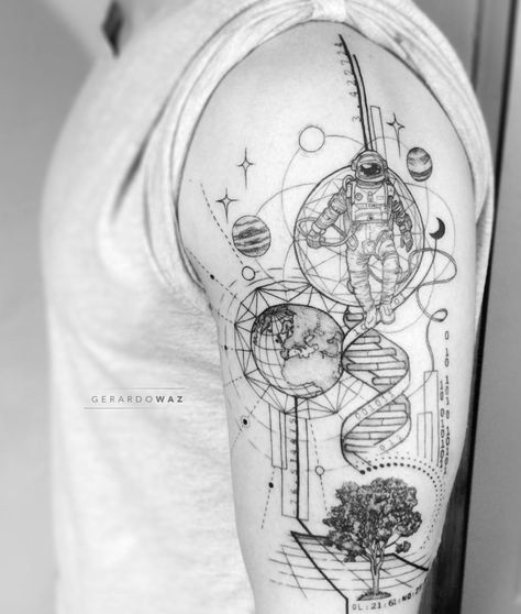 Cosmic Tattoos, Tatuaje Trash Polka, Cosmic Tattoo, Dna Tattoo, Astronaut Tattoo, Universe Tattoo, Planet Tattoos, Galaxy Tattoo, Theme Tattoo