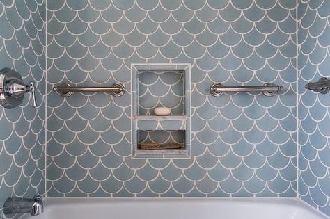 Fireclay Ogee Drop Tiles Ogee Drop Tile, Nantucket Bathroom, Blue Shower Tile, Tile Bathrooms, Scallop Tiles, White Hexagon Tiles, Bathroom Tile Inspiration, Ogee Drop, Fish Scale Tile