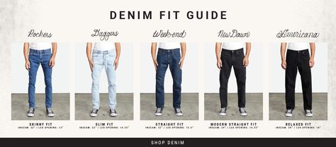 Different Types Of Jeans Men, Pant Size Chart Men, Denim Fit Guide Men, Trouser Measurements Chart For Men, Denim Fit Guide, Mens Jeans Guide, Jean Fit, Business Casual Men, Denim Pant