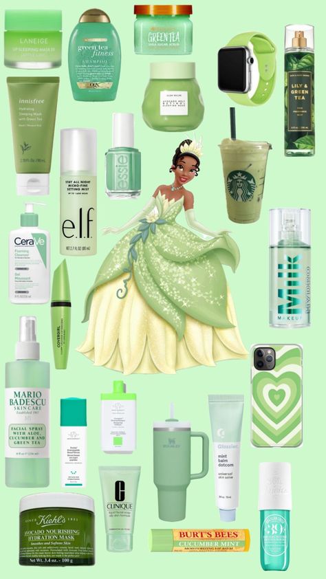 #vibes #disney #green #skincare #iphone #makeup #tiana Tiana Makeup, Disney Skincare, Green Skincare, Mario Badescu Skin Care, Green Fits, Facial Spray, Mario Badescu, Foam Cleanser, Sleep Mask