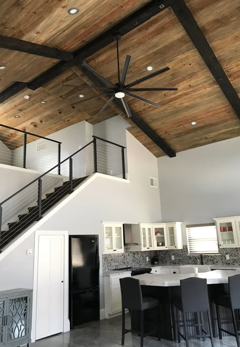 Black Stained Beams Interior, Dark Stain Ceiling, Dark Beams White Ceiling, Wood Ceiling With Black Beams, Pine Ceiling White Walls, Knotty Pine Ceiling With Beams, Dark Shiplap Ceiling, Dark Vaulted Ceiling, Pine Ceiling Living Room