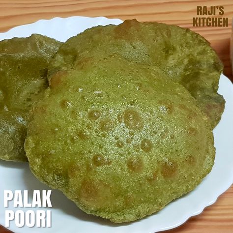 Healthy and colourful poori made with palak/spinach leaves Palak Puri Recipe, Palak Puri, Poori Recipe, Recipe Spinach, Puri Recipe, Puri Recipes, Healthy Version, Spinach Leaves, Wheat Flour