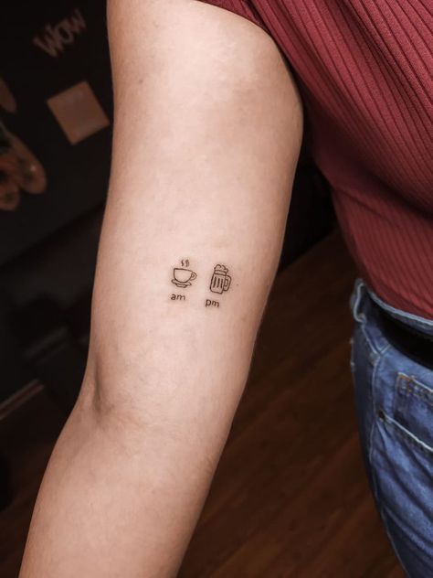 Minimal Beer Tattoo, Am Pm Tattoo Design, Beer Pint Tattoo, Coffee And Beer Tattoo, Minimal Coffee Tattoo, Small Beer Tattoos, Simple Coffee Tattoo, Coffee Related Tattoos, Tiny Coffee Tattoo