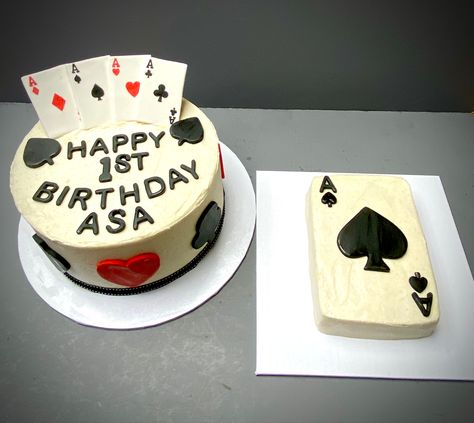 Birthday cake with fondant playing cards and an ace of spades smash cake. Swiss meringue vanilla bean buttercream with fondant accents. Ace Birthday Theme, Ace Birthday, Birthday Cake With Fondant, Cards Cake, Heart Birthday Cake, Vanilla Bean Buttercream, Cake With Fondant, King Card, Board Party