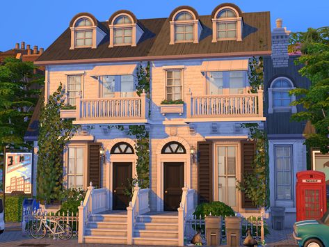 Sims 4 Base Game Townhouse, Sims 4 London Townhouse, Sims 4 Base Game Apartment, Townhouse Sims 4, Sims 4 Houses No Cc, Sims 4 Lots, Ts4 Builds, English Townhouse, Townhouse Apartments