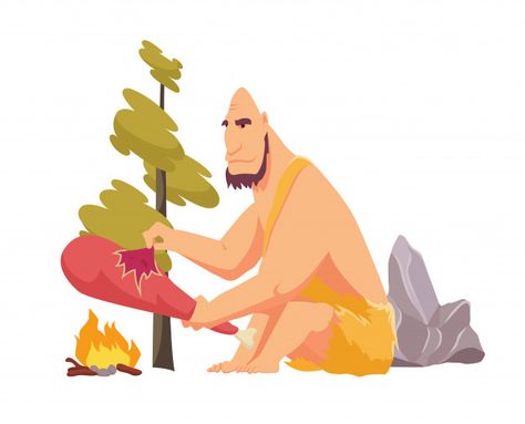 Stone age primitive man in animal hide p... | Premium Vector #Freepik #vector #food #man #character #cartoon Food On Fire, Meat Food, Animal Hide, Vector Food, Character Cartoon, Man Character, Stone Age, Graphic Editing, Cooking Meat