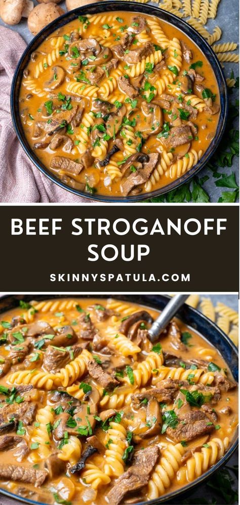 Beef Stroganoff Soup – Skinny Spatula Small Town Woman Beef Noodle Soup, Beef Broth Noodle Soup, Soup From Leftover Roast, Beef Stroganoff Soup Instant Pot, London Broil Soup Recipes, Soup With Roast Meat, Steak Noodle Soup, Beef Stock Soup Ideas, Tri Tip Soup Recipe