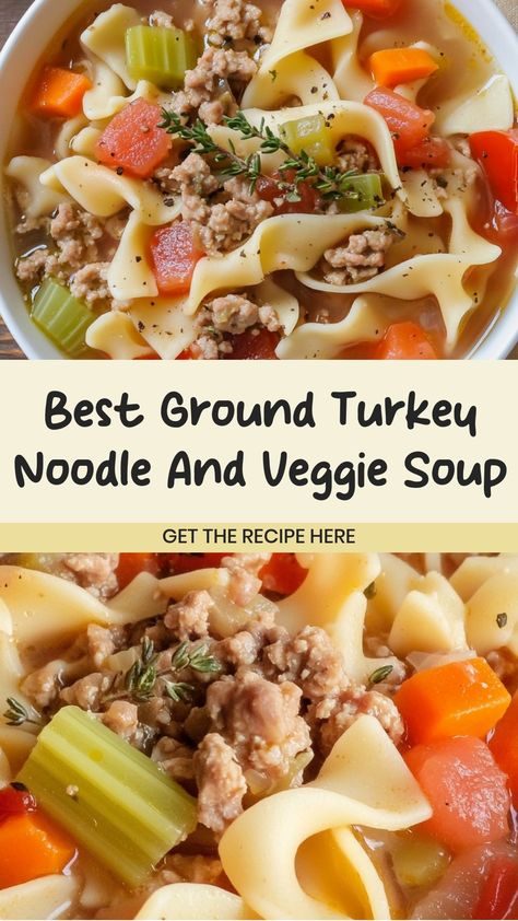 Indulge in a comforting bowl of ground turkey noodle and veggie soup, perfect for chilly days or when you need a nutritious meal. Packed with wholesome ingredients, this soup is easy to make and full of flavor. Enjoy the hearty goodness of tender turkey, satisfying noodles, and an abundance of colorful vegetables in every spoonful. Whether you're looking for a quick dinner idea or meal prep option, this soup is the ideal choice to warm you up from the inside out. Ground Turkey Carrots Celery, Ground Turkey And Veggies Recipes, Turkey Vegetable Soup Recipes, Ground Turkey Soup Recipes, Ground Turkey Vegetable Soup, Turkey Vegetable Soup, Recipes With Ground Turkey, Ground Turkey Soup, Turkey Noodle Soup