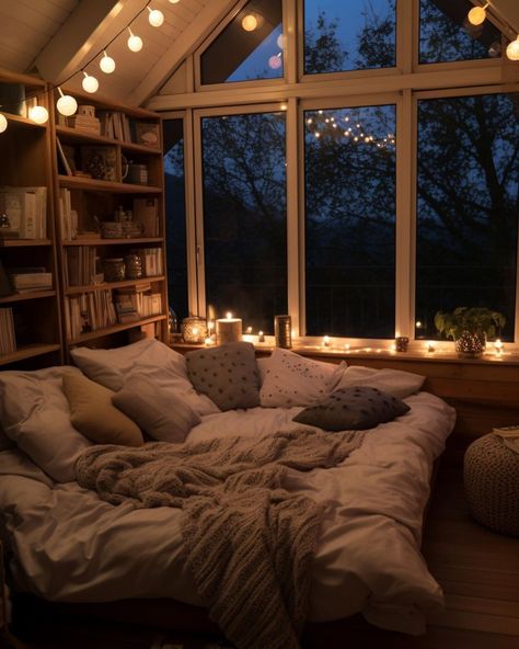 Huge Comfy Bed, Cute Cozy Home Interior, Aesthetic Neutral Bedroom Ideas, House Interior Cozy Bedroom, Very Cozy Bedroom, Comfy Bed Inspiration, Huge Attic Bedroom, Comfy Looking Beds, Cozy Bedroom Cabin