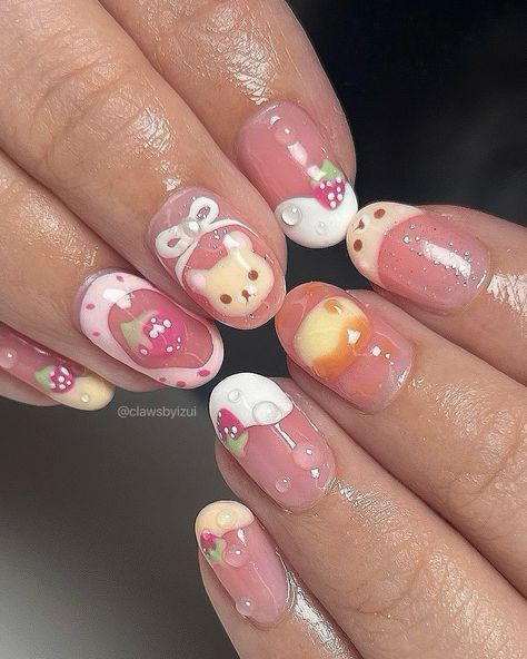 korilakkuma set ʕ•ᴥ•ʔﾉ♡🍓; recreated this past design + client requested for a pudding hehe 🍮 Korilakkuma Nails, Hello Kitty Almond Nails, Kawaii Nail Art, Kawaii Nails, Nails Pink, Nails Short, Almond Nails, Pink Nails, Press On Nails