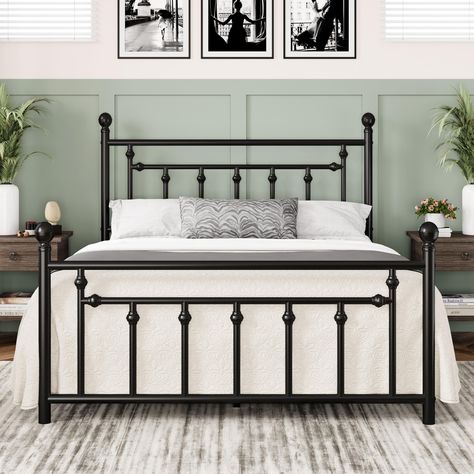 PRICES MAY VARY. Classic Design: The metal bed frame features a decorative headboard, footboard, and clean lines, bringing you a romantic feeling in your space. Sturdy & Durable: 100% strong steel tubing construction provides a safe and comfortable sleep environment. Noise Free: The EVA material non-slip strips and anti-slip foot pads help prevent noise to make sure a quiet sleep at night. Under-bed Storage: 12. 4" height from the floor, this mattress foundation is suitable for storing sundries. Black Metal Bed Frame Amazon, Vintage Headboard, Vintage Headboards, Metal Platform Bed Frame, Headboard Decor, Sleep Environment, Iron Bed, Metal Platform Bed, Victorian Vintage