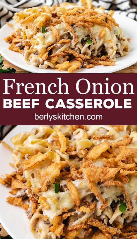 Our French onion beef casserole combines savory ground beef, egg noodles, and French onion dip to create a warm and filling dish. #berlyskitchen French Onion Beef And Noodles Casserole, Recipes Using French Onion Dip, French Onion Ground Beef Casserole, Supper Ideas For 2, French Onion Beef Casserole, Onion Beef Casserole, French Onion Casserole, French Onion Beef, French Onion Dip