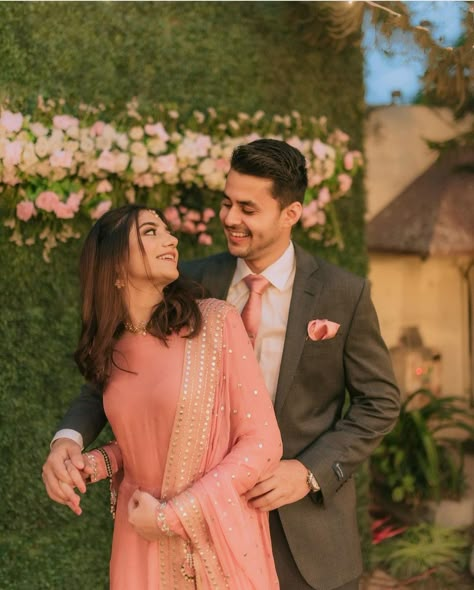 Couple Poses In Suit, Suit And Saree Couple Poses, Roka Ceremony Outfits, Asal Mein, Wedding Matching Outfits, Roka Ceremony, Aesthetic Status, Bride And Groom Outfits, Couple Wedding Dress