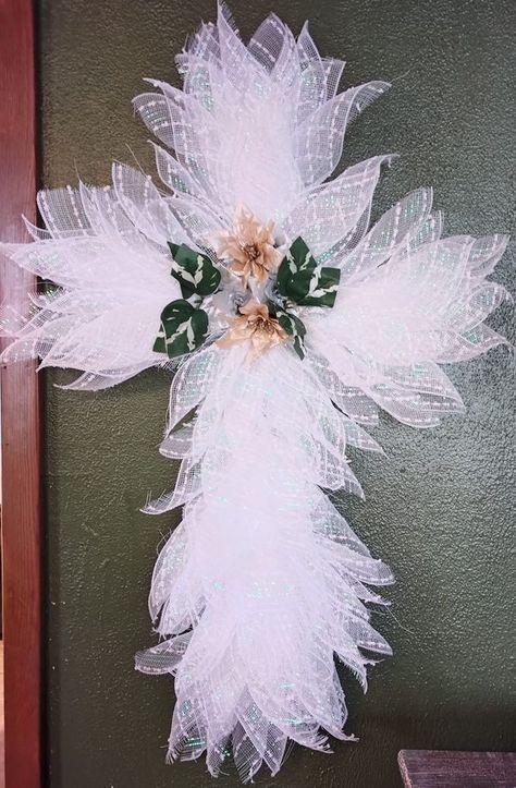 Dollar Tree Fanatics Crafts & Decor | Gave the DT cross wreath a shot | Facebook Dt Wreath Ideas, Burlap Cross Wreath Diy, Dollar Tree Wire Cross Wreath Diy, Cross Wreath Diy How To Make, Deco Mesh Cross Wreath Diy, Dollar Tree Cross Wreath Ideas, Burlap Cross Wreath, Cross Wreaths, Easter Cross Wreath