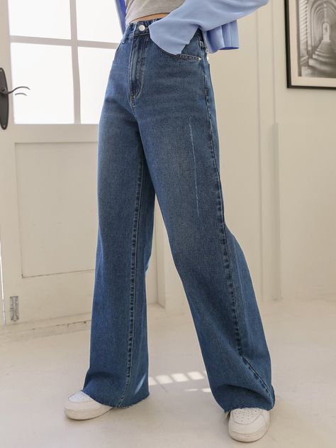 Medium Wash  Collar  Denim Plain Wide Leg Embellished Non-Stretch  Women Clothing Highwaist Jean Outfits, Jeans Aesthetic, Minimalist Outfits, Trousers Outfit, Outing Outfit, Straight Cut Jeans, Quick Outfits, Outfit Jeans, Anime Monochrome