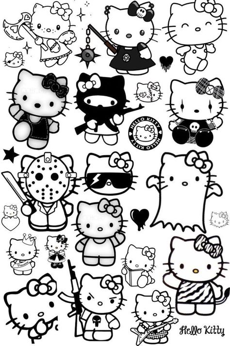 Free Tattoo Flash Sheets, Tattoos To Color In, Halloween Hello Kitty Tattoo, Cute Drawings Black And White, Hello Kitty To Draw, Cute Black And White Stickers, Hello Kitty Symbol, Diy Sticker Ideas, Black And White Hello Kitty