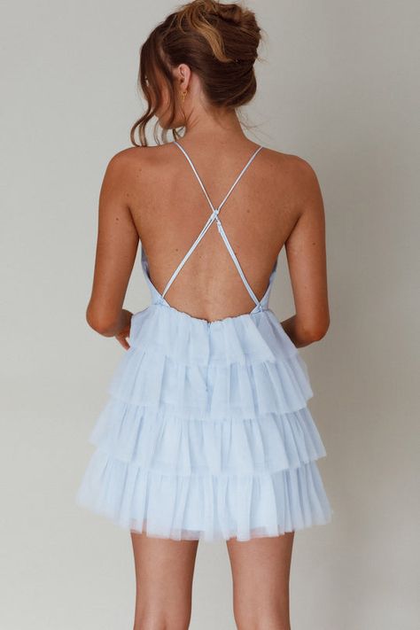 Shop New Dresses | New Dress Styles | Selfie Leslie Flowy Mini Dresses, Tiered Hoco Dress, Short Reception Dresses, Winterball Dresses, Hens Dress, Sisterhood Round, Blue Selfie, Pastel Dresses, Light Blue Mini Dress