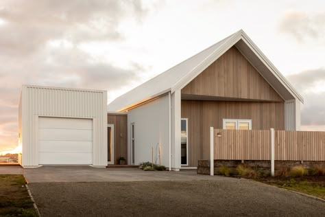 Manawatu Foxton Beach 3 - eHaus Beach Houses Architecture, Scandinavian Farmhouse, Tiny House Exterior, Gable House, House Cladding, Cottage Floor Plans, Small House Floor Plans, House Facade, House Design Exterior