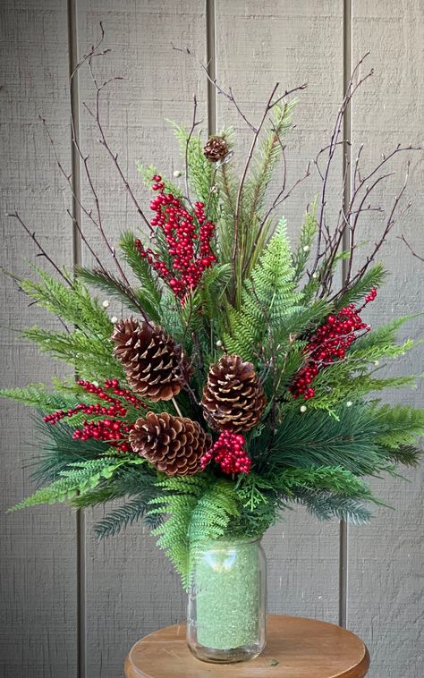 Beautiful Deluxe Rustic and Natural Christmas Mixture  consisting of Lush Pine, Cedar, Ruffle Fern, Pine cone, and Red Berries and Birch Branches.  Vase Styrofoam Insert. The Insert measures 8" tall and 3.25" wide. Total arrangement stands approx 22-24" tall.  please note that each one is hand made and will vary slightly in design. mason jar in the photos  is not included. Cemetery Winter Decorations, Christmas Floral Arrangements For Cemetery, Cemetery Urn Arrangements, Winter Faux Flowers, Winter Grave Flowers, Decoration Flowers For Cemetery, Christmas Cemetery Arrangements, Cemetery Christmas Ideas, Cemetary Flower Ideas