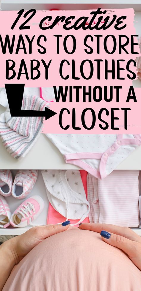 Baby Clothes Storage No Dresser, How To Organize Newborn Clothes, Small Nursery No Closet, Nursery No Closet Ideas, Small Nursery Dresser Organization, Hanging Baby Clothes With No Closet, Nursery With No Closet Ideas, Small Space Baby Clothes Storage, No Closet Nursery Ideas