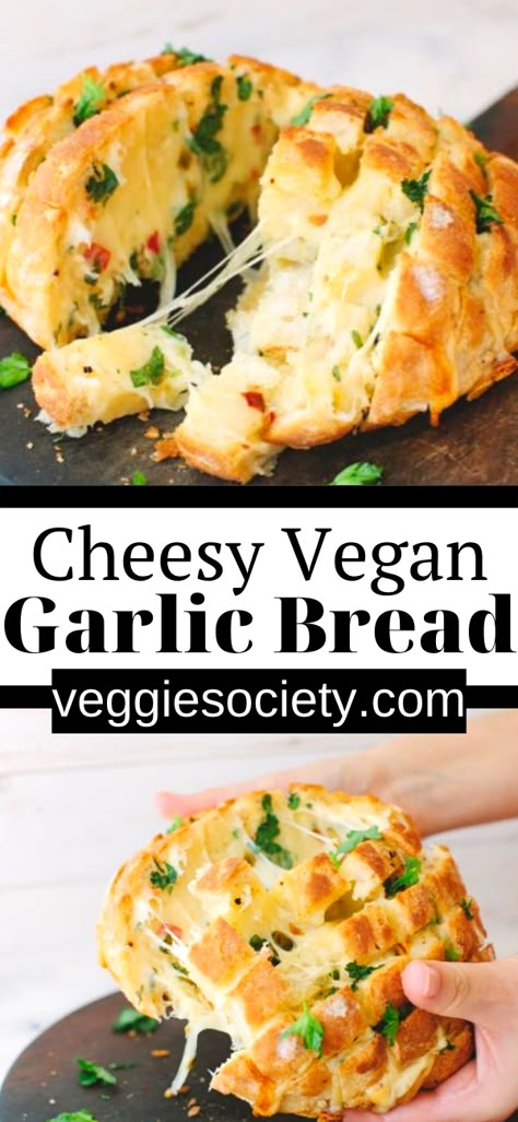 Vegan Cheesy Garlic Bread, Vegan Savory Snacks, Vegan Garlic Bread, Cheesy Garlic Bread Recipe, Vegan Breads, Vegan Bread Recipe, Homemade Garlic Butter, Vegan Party Food, Vegan Vibes