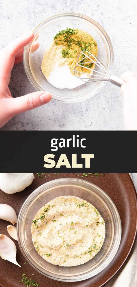 The very best garlic salt you’ve ever tasted! Just 4 ingredients and no fuss, for bold garlic flavor balanced by a tease of parsley and a touch of onion powder. | Recipe at BeamingBaker.com Homemade Garlic Salt Recipe, Lawrys Garlic Salt Recipe, How To Make Garlic Salt, Gourmet Salt Recipes, Garlic Salt Recipe Diy, Garlic Powder Recipe, Diy Garlic Salt, Garlic Salt Recipe, Homemade Garlic Salt