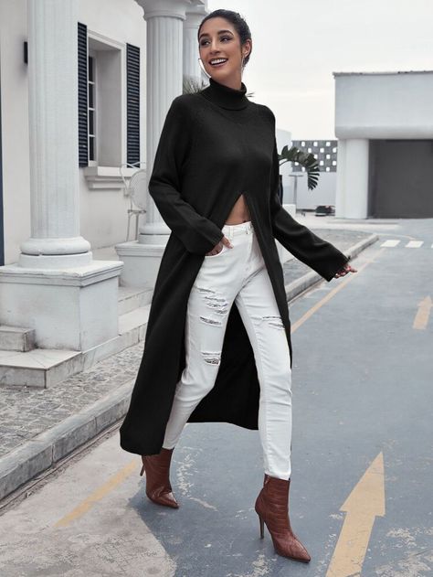 Free Returns ✓ Free Shipping On Orders $49+ ✓. Raglan Sleeve Split Longline Sweater- Women Sweaters at SHEIN. Longline Sweater, Solid Sweaters, Women Sweaters, Drop Shoulder Sweaters, Boatneck Sweater, Bishop Sleeve, Sweaters Online, Mock Neck Sweater, Shein Style