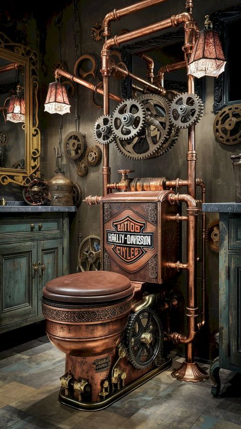 An industrial-inspired Harley-Davidson toilet design with bold and edgy features, ideal for motorcycle enthusiasts. Steampunk Toilet, Bathroom Commode, Steampunk Interior Design, Steampunk Western, Toilet Commode, Steampunk Bathroom, Steampunk Interior, Western Bathroom, Industrial Steampunk