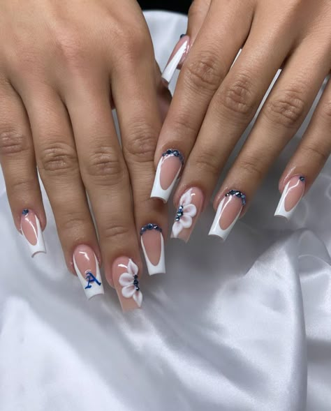 May Nail Art Inspiration: Summer Edition Nail Ideas Short With Initial, Nails Acrylic With Initial On Them, Nails With The Letter R On Them, Royal Blue Nails With Initials, Cute Nails Acrylic With Initial, Short Nail Designs With Initials, Summer Nails With Initials, Blue Initial Nails, Letter A Initial Nails