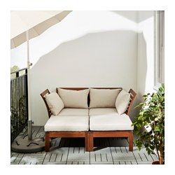 IKEA - ÄPPLARÖ / HÅLLÖ, Loveseat with 2 footstools, outdoor, brown stained/beige, , By combining different seating sections you can create a sofa in a shape and size that perfectly suits your outdoor space.The cushion has a longer life because it can be turned over and used on both sides.The cover is easy to keep clean because it is removable and machine washable.You can make your sofa even more comfortable and add a personal touch by complementing with loose pillows in different sizes and c... Ikea Applaro, Klein Balkon Decor, Small Patio Furniture, Terrace Furniture, Sofa Outdoor, Small Balcony Design, Modul Sofa, Balcony Furniture, Small Balcony Decor