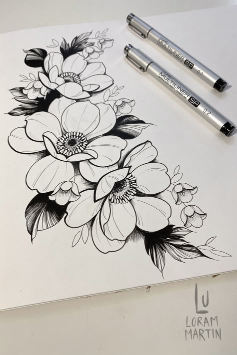 Floral Tattoo Design Drawings, Illustrative Flowers, Blackwork Floral Tattoo, Patreon Drawing, Tattoo Designs Skull, Tattoo Designs Floral, Tattoo Designs Black And White, Tattoo Designs Watercolor, Tattoo Designs Mandala