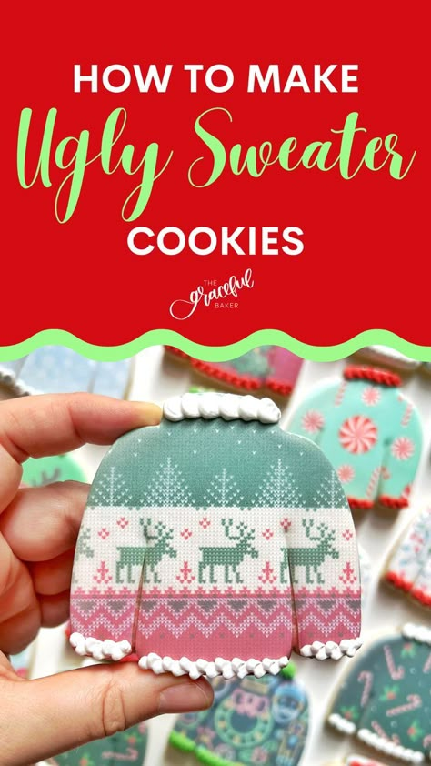 How to decorate ugly sweater cookies with an EDIBLE ink printer! Sweater Cookies, Cookie Sweater Decorating, Sweater Christmas Cookies, Sweater Royal Icing Cookies, Ugly Sweater Cookies Ideas, Ugly Sweater Cookie Kit, Ugly Christmas Sweater Cookies, Cookie Clothes, Ugly Sweater Cookie