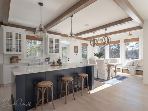 Lakehouse kitchen with white cabinets and navy island and range hood. 14 ft window seat overlooking lake. Small Lake Houses, Lakehouse Kitchen, Lakehouse Ideas, Lake House Interior, Lake House Kitchen, Modern Lake House, Lake House Plans, Lake Cottage, Up House