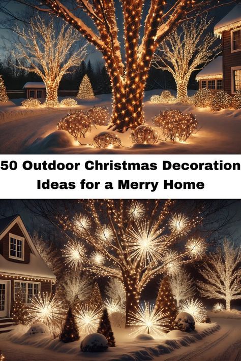 Lighting Outdoor Trees For Christmas, Outdoor Christmas Tree Lights Ideas, Wrapping Trees With Christmas Lights, Christmas Pillars Outdoor, Outdoor Patio Christmas Decorating Ideas, Outdoor Tree Christmas Decorations, Christmas Outdoor Decor Yard Decorations Lighting Ideas, Outdoor Tree Decor, Christmas Lights Outdoor Trees