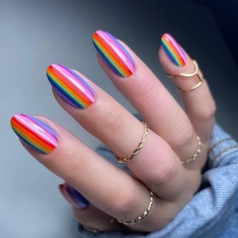 Sophie’s Nails on Instagram: “Throwback to the rainbow stripes 🌈 @officialnavyprofessional - Prep @the_gelbottle_inc - All colours @nafstuff - Cuticle oil #gelnails…” Nail Art Orange, Longer Nails, Pearl Nail Art, Summer Nails 2023, Rainbow Nails Design, Rainbow Nail, Pastel Nails Designs, Magic Nails, Romantic Nails