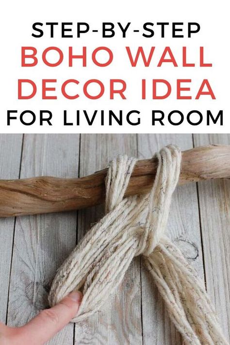 Do you love bohemian decor? Then you'll love this cheap wall decoration idea for your bedroom or living room. This easy DIY craft is easy and budget friendly with things you can pick up from your local dollar tree or hobby store. #diy #bohodecor #walldecor Diy Boho Throw Blanket, Large Boho Wall Hanging, Hangin Wall Art, Make Your Own Macrame Wall Hanging, Large Driftwood Art, Dollar Tree Hallway Wall Decor, Simple Yarn Wall Hanging, Diy Hanging Yarn Wall Art, Driftwood And Macrame Wall Hangings